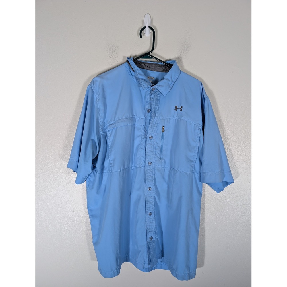 Under Armour Mens 2XL HeatGear Short Sleeve Fishing Shirt Blue Vented Loose